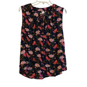 Old Navy Women Sleeveless Navy Blue Floral Top Size L Lightweight Tie Neckline